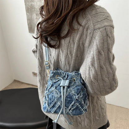 Denim Bucket Bag Women's Drawstring Crossbody Purse