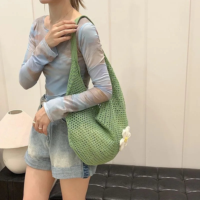 Summer Beach Tote Shoulder Bag Straw Weav Handbag Large Capacity Vacation Weaving Hollow Bags Women