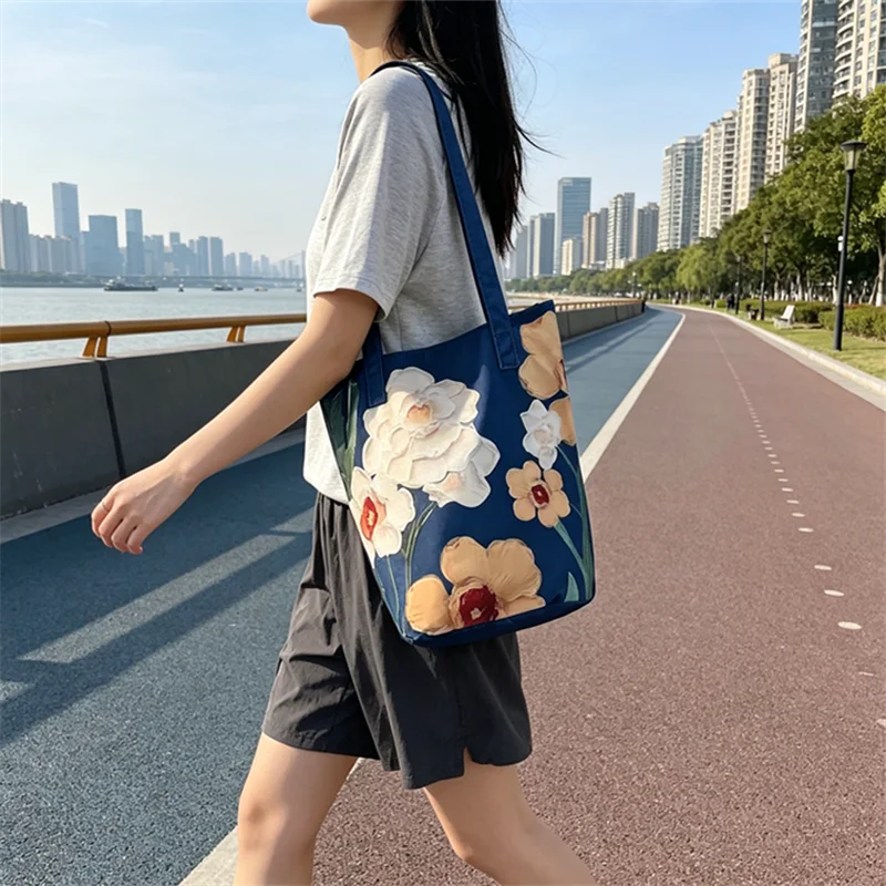 Floral Canvas Bucket Tote Bag – 3D Embossed Print Women's Shoulder Bag