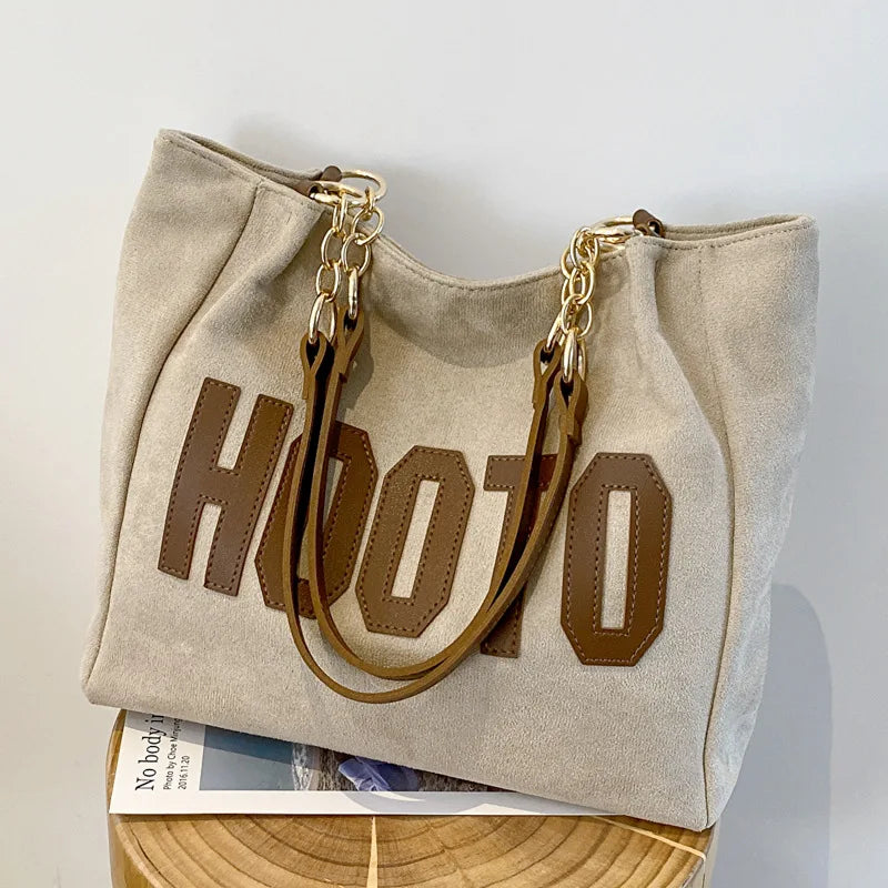 Letter Patch Suede Tote Bag – Vintage Women's Shoulder Handbag with Zipper