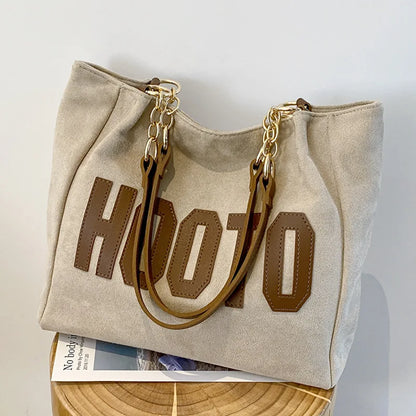Letter Patch Suede Tote Bag – Vintage Women's Shoulder Handbag with Zipper