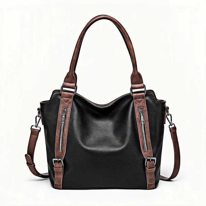 Faux Leather Tote Bag – Multi-Zipper Shoulder Handbag for Women