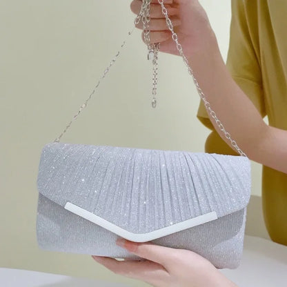 Shiny Pleated Shoulder Crossbody Bag Elegant Glitter Envelope Clutch Detachable Chain Strap Evening