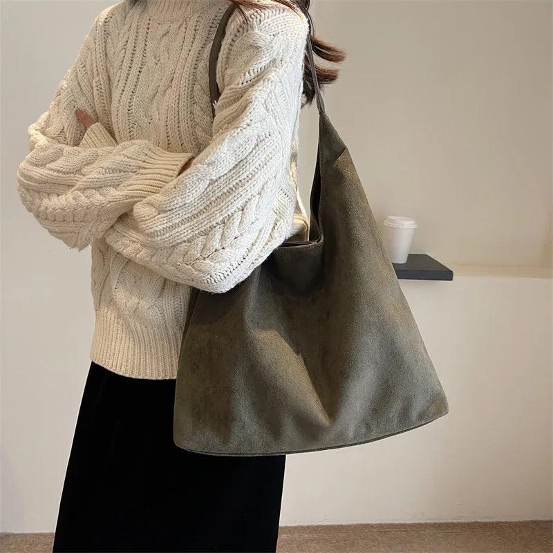 Faux Suede Tote Bag with Makeup Pouch – Large Capacity Women's Shoulder Bag