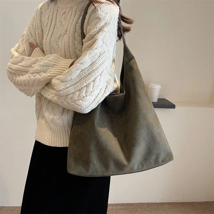 Faux Suede Tote Bag with Makeup Pouch – Large Capacity Women's Shoulder Bag