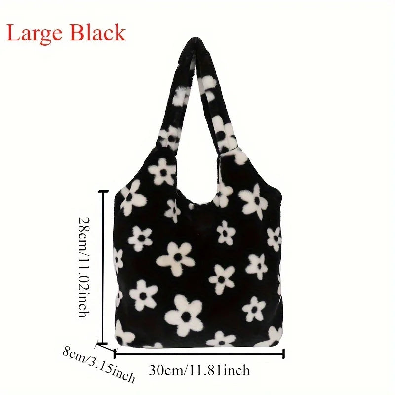 Chic Floral Faux Fur Tote Bag - Soft Plush Shoulder Handbag Women - Soft