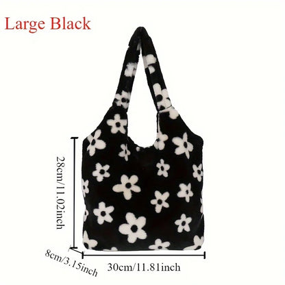 Chic Floral Faux Fur Tote Bag - Soft Plush Shoulder Handbag Women - Soft