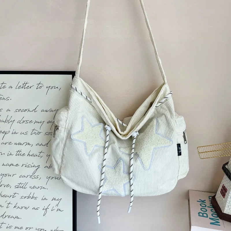Y2K Corduroy Star Tote Bag with Plush Star Decor