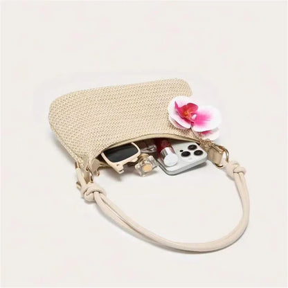 Straw Woven Tote Bag – Summer Shoulder Bag with Flower Pendant for Women