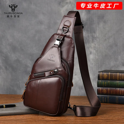 Top-Grain Cowhide Men S Chest Bag Retro Oil-Wax Cowhide Fashionable Genuine Leather Crossbody Chest