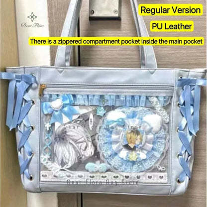 Japanese Sweet Women Ribbon Ita Bag Cute Lolita Girl Transparent Handbags Large Capacity Tote