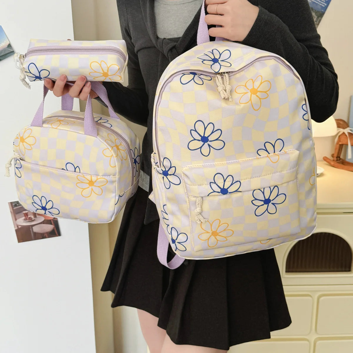 Dopamine Checkerboard Floral Print Three Piece Backpack Set Lightweight