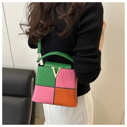 Colorblock Bucket Bag – Mini Crossbody Handbag with Gold V Accent