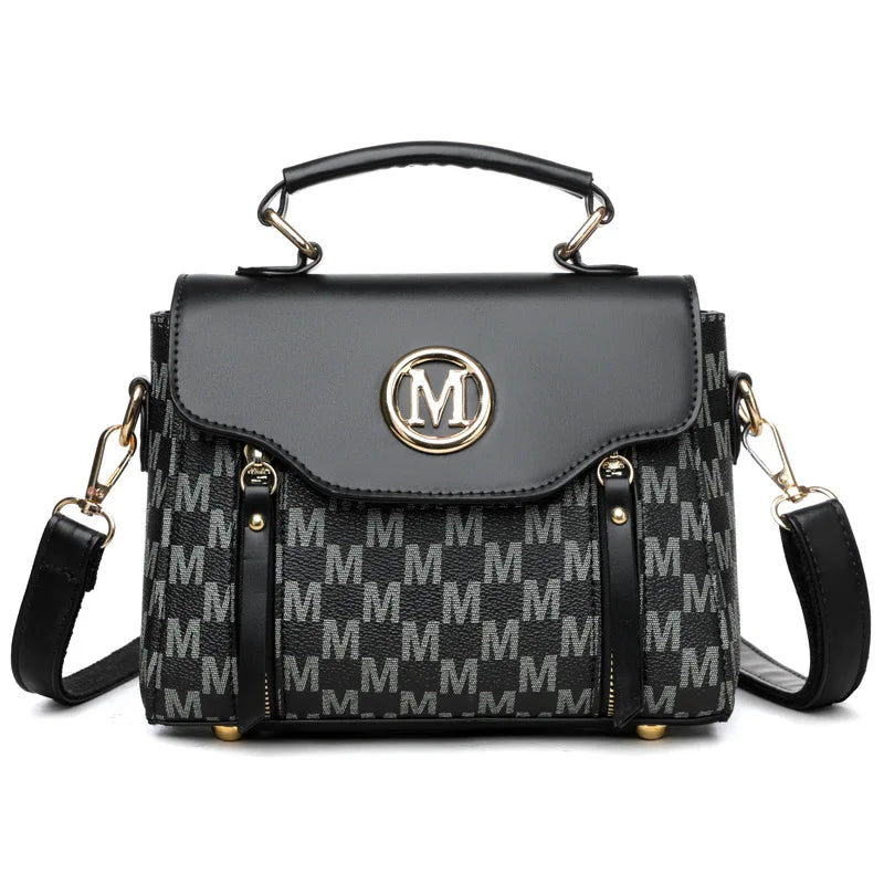 PU Leather Handbag – Vintage Monogram Shoulder Bag with Gold M Logo