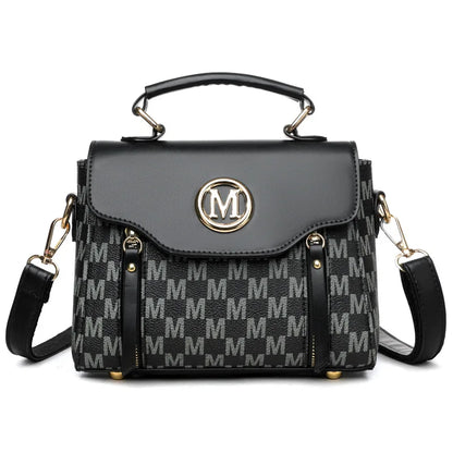 PU Leather Handbag – Vintage Monogram Shoulder Bag with Gold M Logo