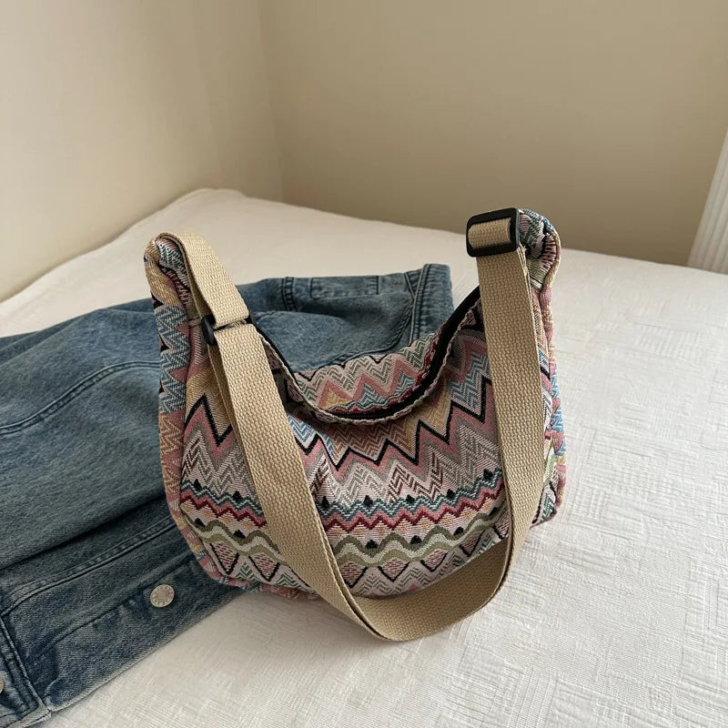 Boho Canvas Shoulder Bag – Adjustable Strap with Fur Ball Charm