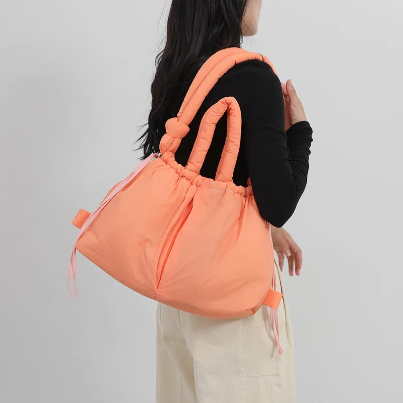 Puffy Drawstring Tote Bag – Thick Padded Dual Handle Shoulder Bag