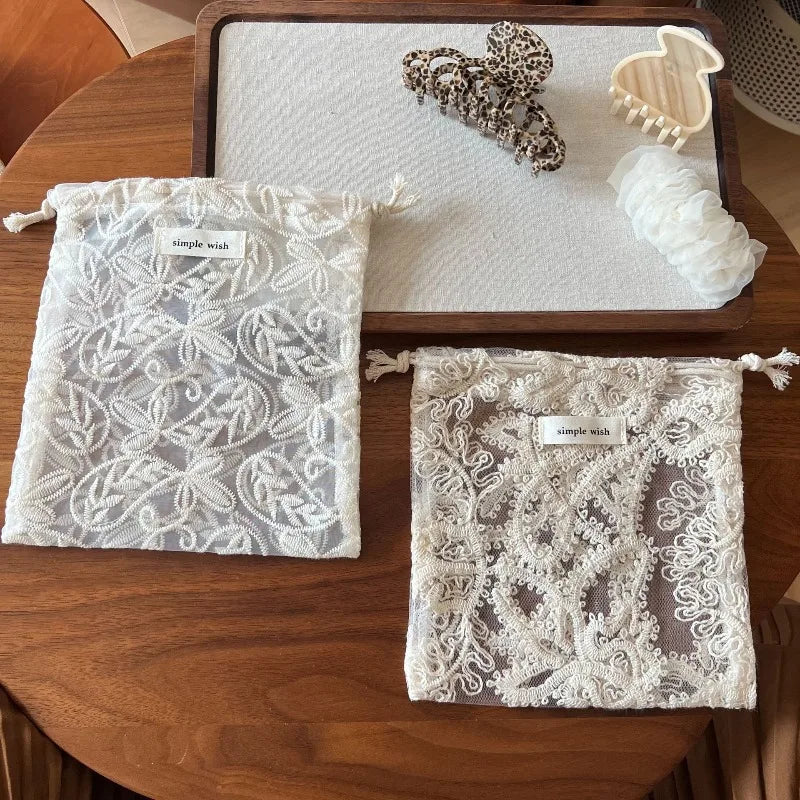 Lace Drawstring Makeup Pouch – Vintage Floral Hollow Design