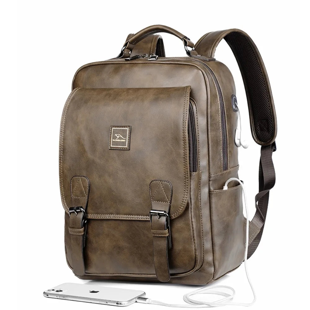 14-Inch Computer Bag Pu Leather Men S Travel Backpack Double Shoulder Straps