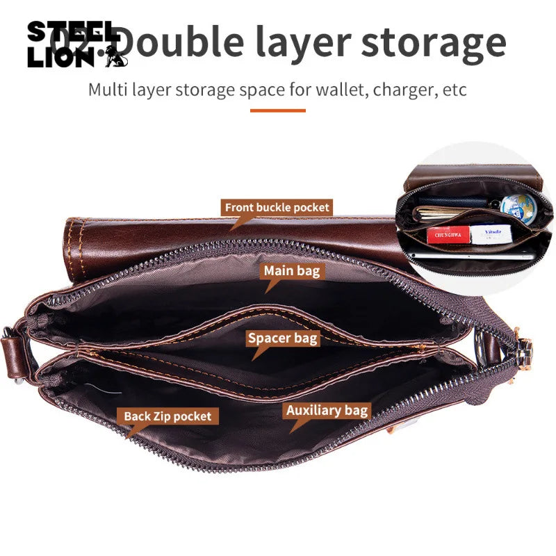 Men S Genuine Leather Crossbody Bag Top Layer Cowhide Single-Shoulder Bag Retro Large-Capacity