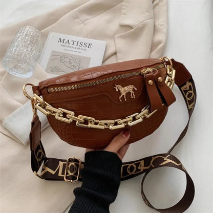 Crocodile Pattern PU Leather Crossbody Bag with Gold Chain Strap