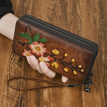 Vegetable-Tanned Leather Genuine Ladies Wallet Double Zipper