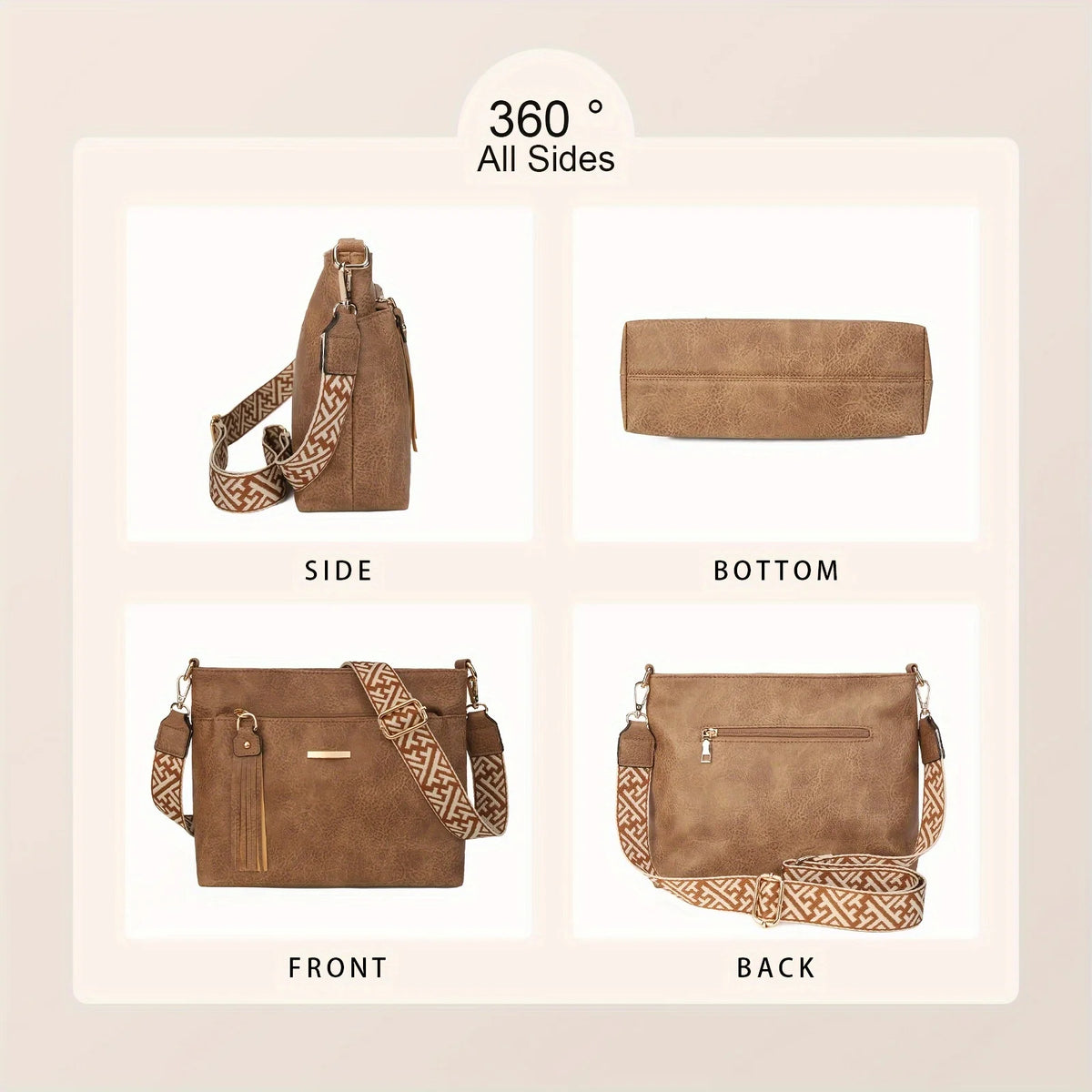 Textured Crossbody Bag – Faux Leather Shoulder Bag with Patterned Strap & Tassel Detail