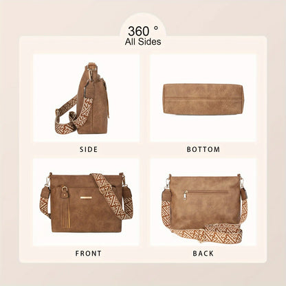 Textured Crossbody Bag – Faux Leather Shoulder Bag with Patterned Strap & Tassel Detail