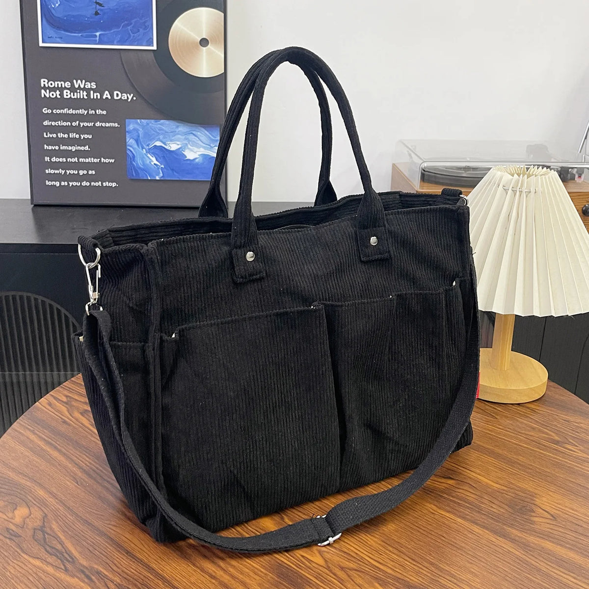 Corduroy Tote Bag – Large Shoulder Bag with Multi-Pocket