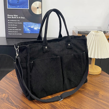Corduroy Tote Bag – Large Shoulder Bag with Multi-Pocket