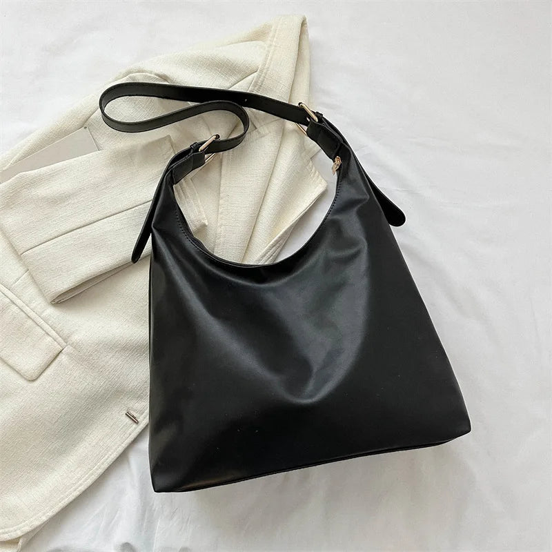 Sleek Black Leather Shoulder Underarm Bag Minimalist Spacious Perfect Everyday Casual Chic Outfits