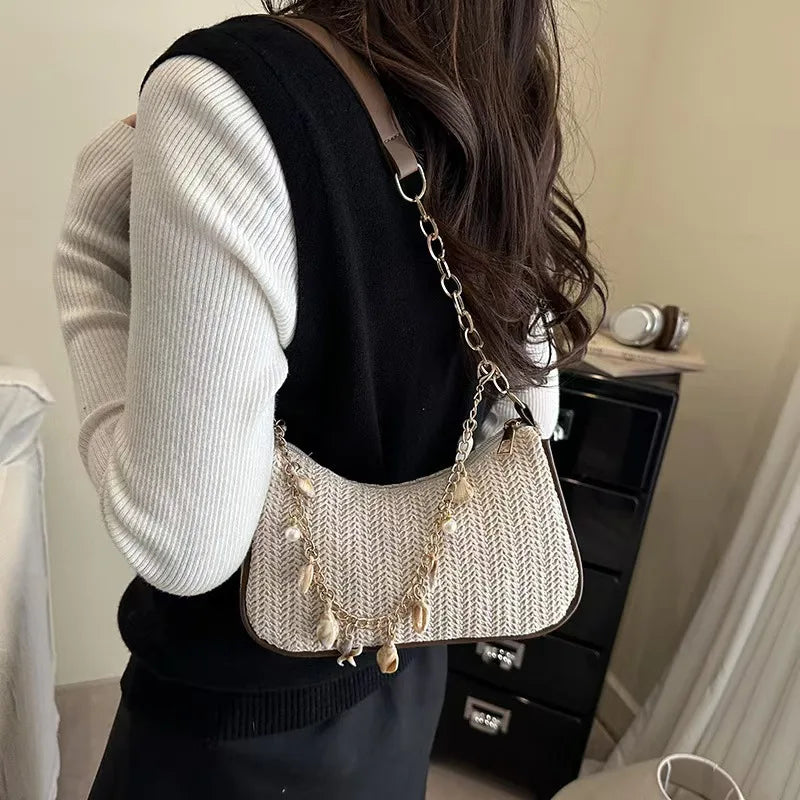 Straw Shoulder Bag with Ocean Shell & Starfish Charms
