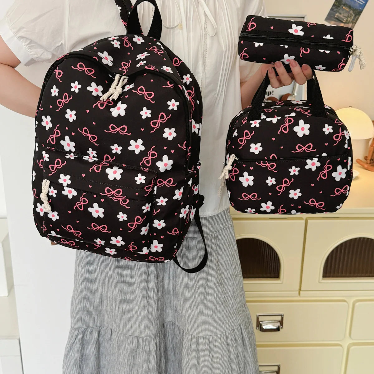 Gentle Cute Butterfly Knot Floral Three Piece Backpack Set Lightweight Large Capacity