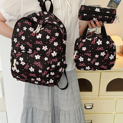 Gentle Cute Butterfly Knot Floral Three Piece Backpack Set Lightweight Large Capacity