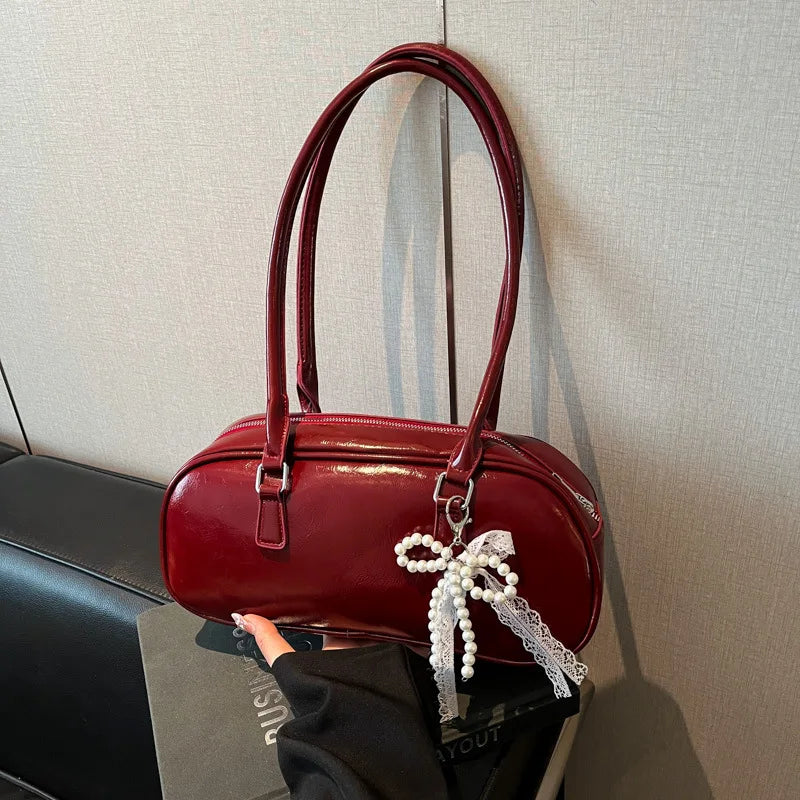 Patent Leather Shoulder Bag with Detachable Pearl Bow Lace Charm