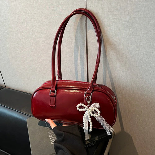 Patent Leather Shoulder Bag with Detachable Pearl Bow Lace Charm