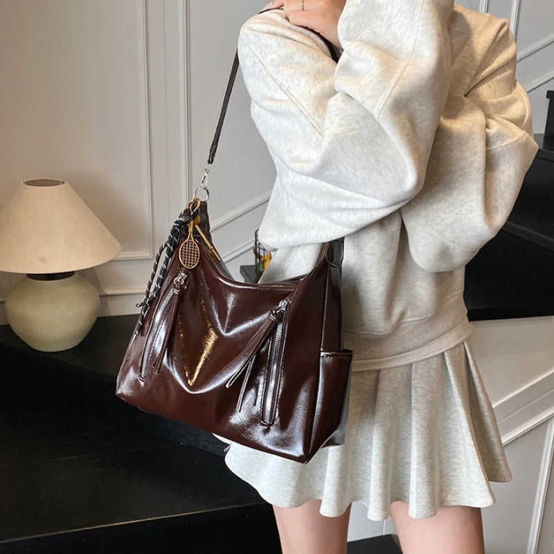 PU Leather Shoulder Bag with Side Pockets & Removable Charm