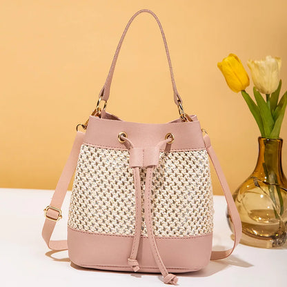 Faux Leather Straw Crossbody Bags Drawstring Closure