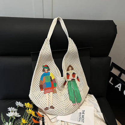 Hollow Mesh Knitted Shoulder Bag Beach Vacation Slouchy Chic Cartoon Tote Lightweight Laid-Back
