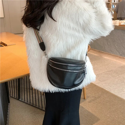 Double Zipper Fanny Pack Daily Commuting Wide Shoulder Strap Leather Bag