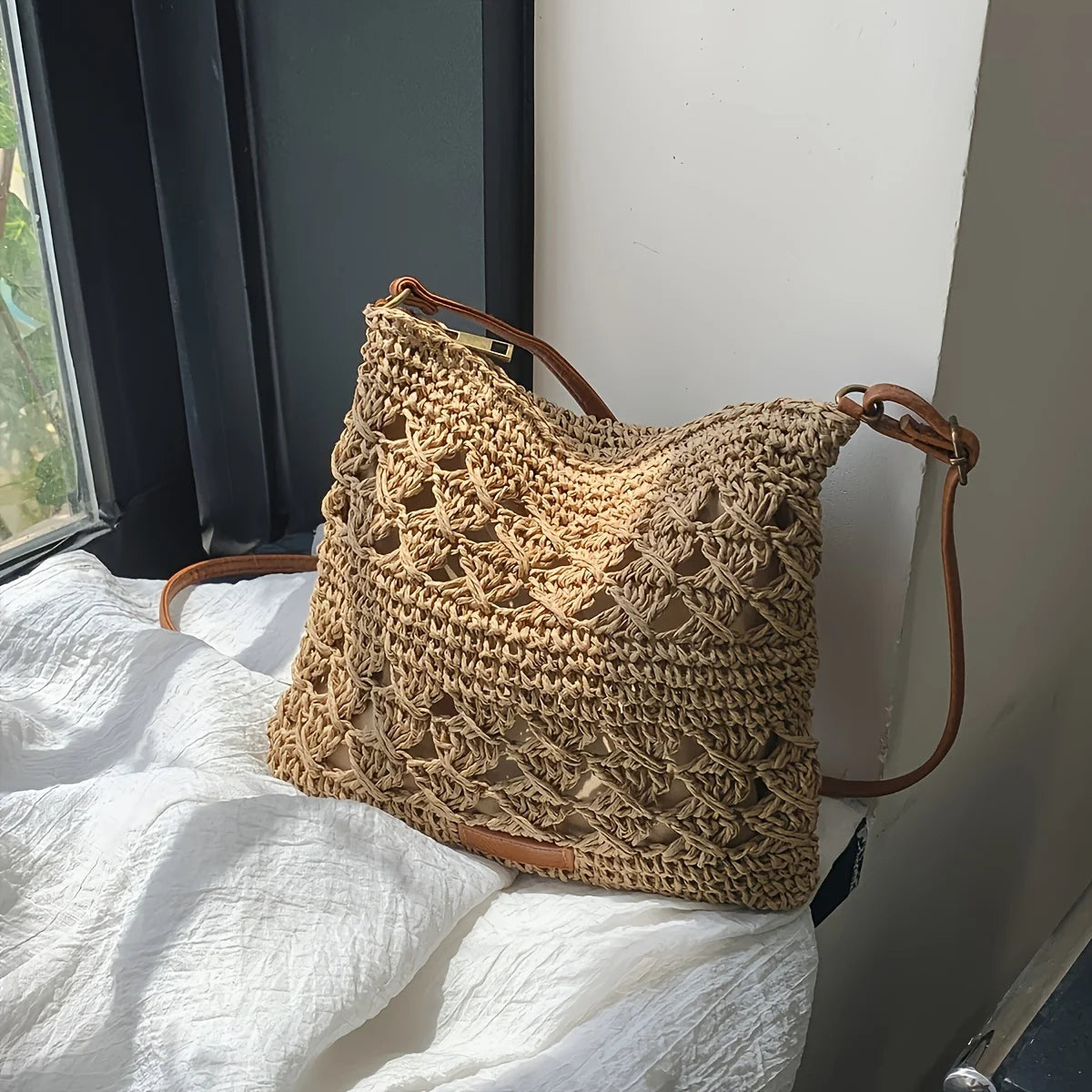 Handmade Paper Straw Crossbody Bag with Zipper & Leather Strap