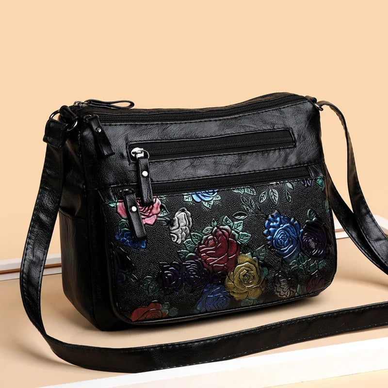 Rose Floral Embossed Leather Crossbody Bag for Women
