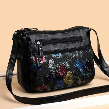 Rose Floral Embossed Leather Crossbody Bag for Women