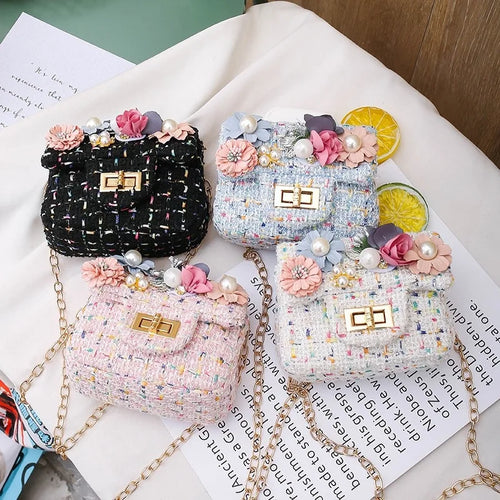 Cute Kids Floral Tweed Shoulder Crossbody Bags Pearl Flower Decor Chic Clutch Bag Mini Chain Purse