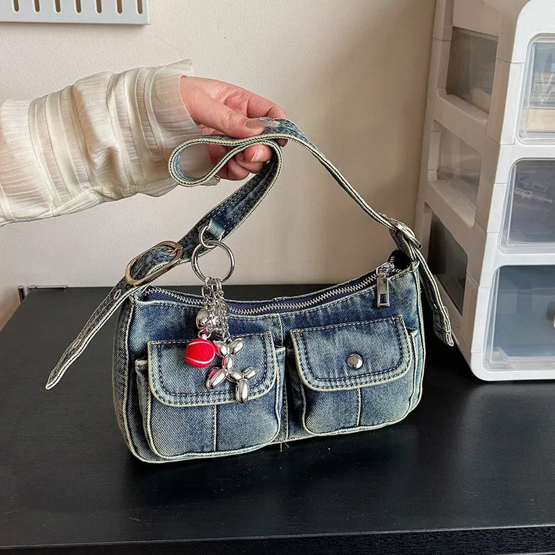 Washed Denim Shoulder Bag Y2K Style with Balloon Dog Charm
