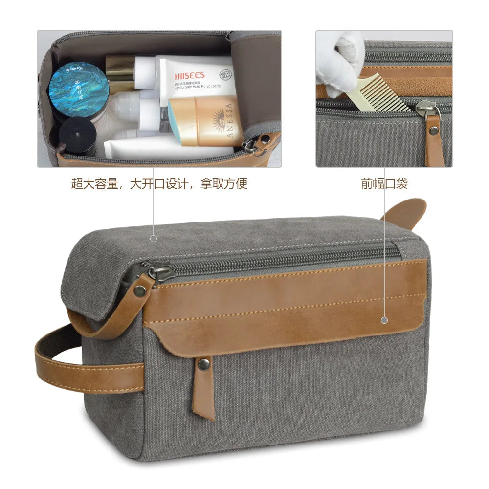 Travel Portable Large Capacity Storage Canvas Crazy Horse Leather Stitching Color Contrast Wash