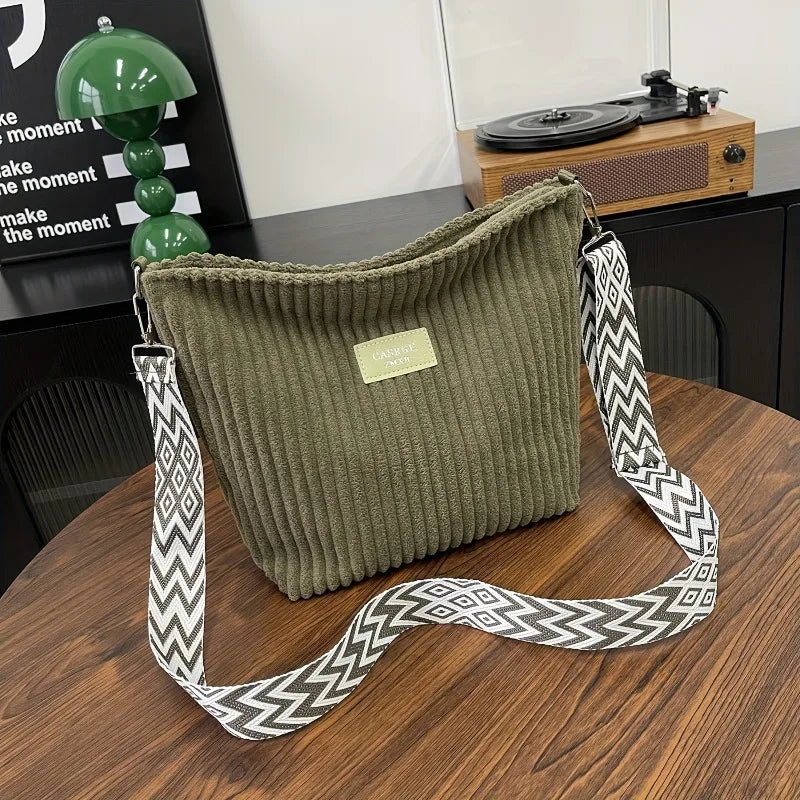 Corduroy Crossbody Bag – Women's Shoulder Bag with Patterned Strap