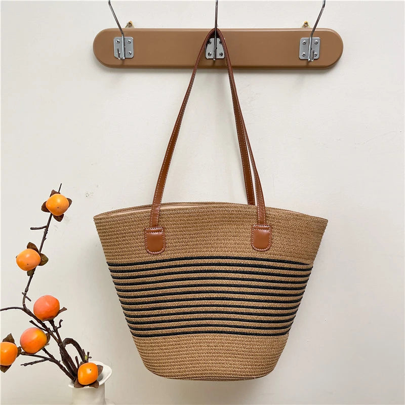 Spring Summer Casual Shoulder Bag Beach Vacation Tote Straw Woven Large Capacity Handbag Play Travel