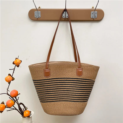 Spring Summer Casual Shoulder Bag Beach Vacation Tote Straw Woven Large Capacity Handbag Play Travel