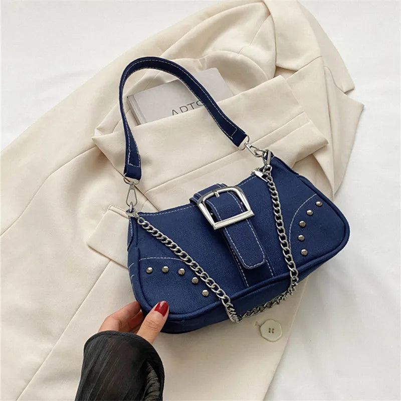 Retro Underarm Shoulder Bag – Studded Chain Crossbody Purse